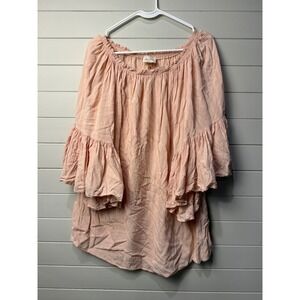 Black Bead Women Peach Pink Boho Ruffle Bell Sleeve Rayon Peasant Top Large XL